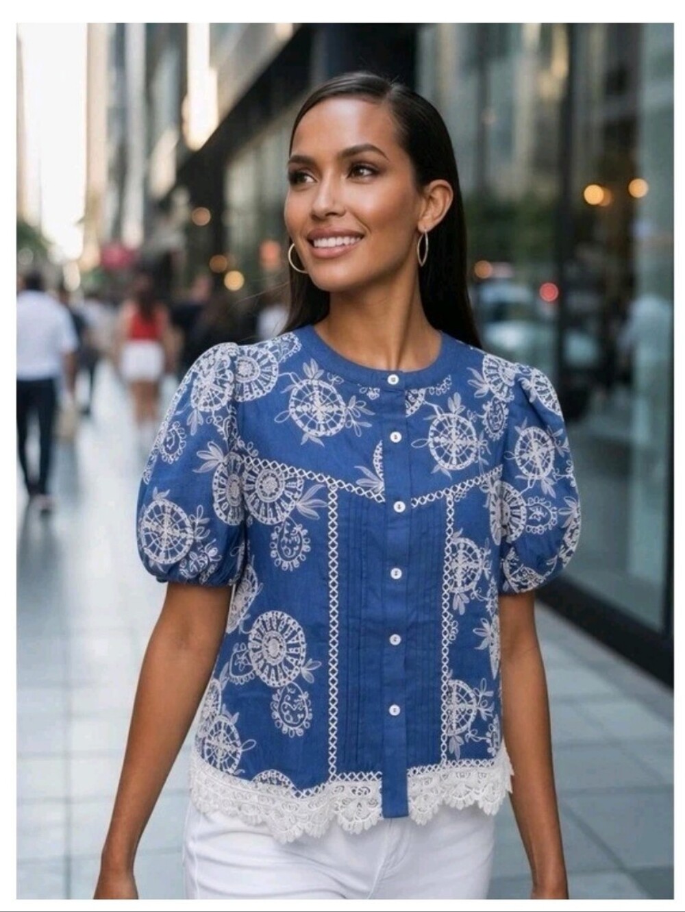 Joie Light Blue Washed Chambray Embroidered Lace Puff Sleeve Top J62268 XS